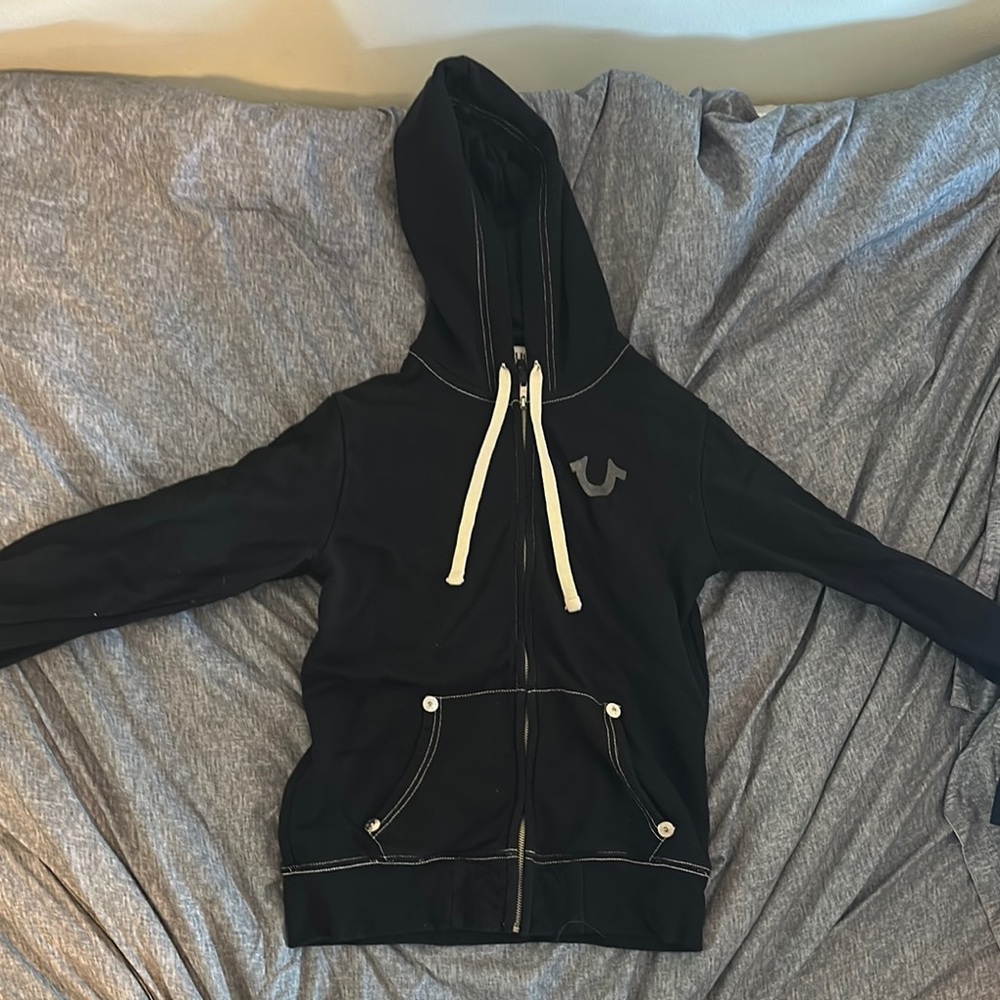 True Religion Black Hoodie with signature designs on back